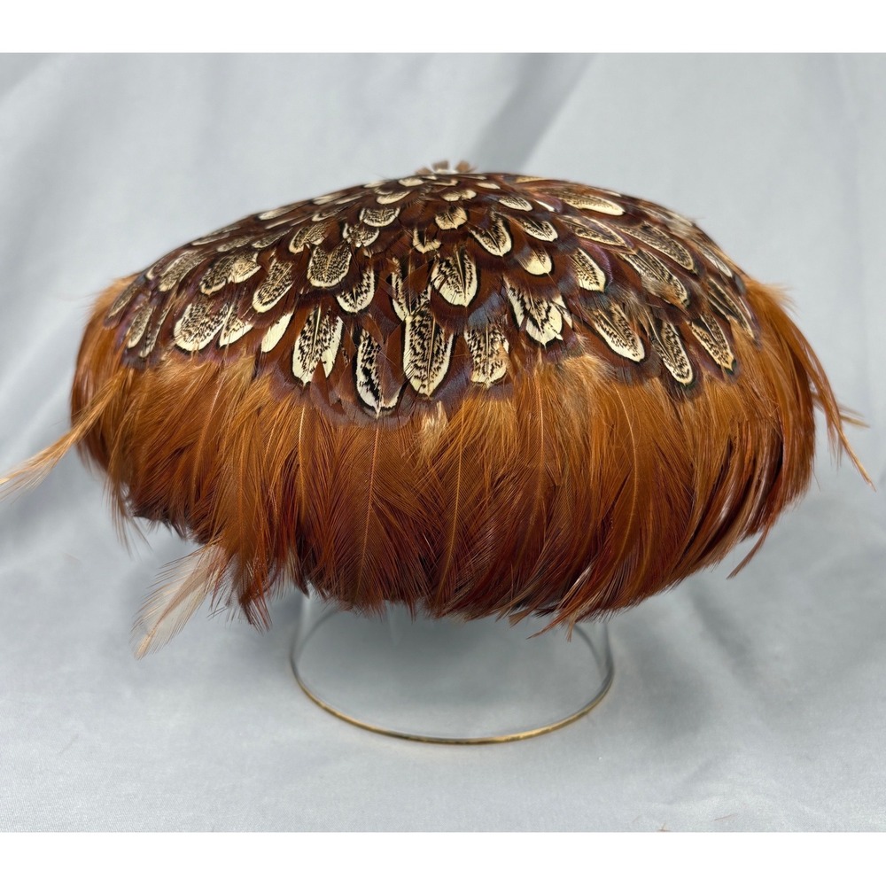 Vtg Pheasant Feather Pillbox Hat Brown Copper Lace Lined Mid Century Modern